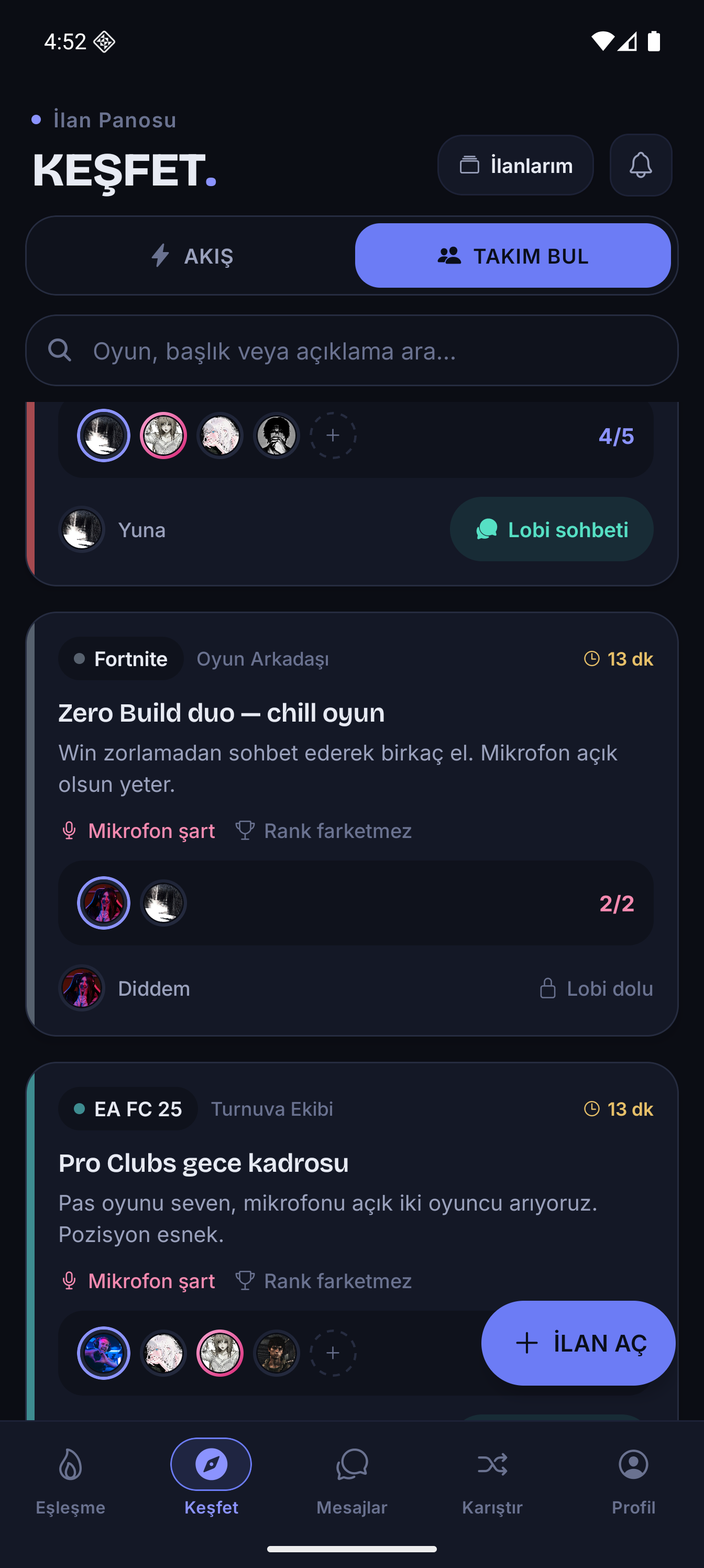 Chat2Game uygulamasindaki dolu oyun lobileri